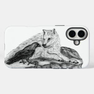 Coques iPhone 16 Plus Wolf and Raven black and white design