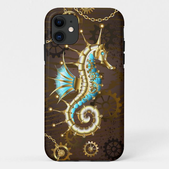 Coques Case-Mate iPhone Wooden Background with Mechanical Seahorse (Dos)