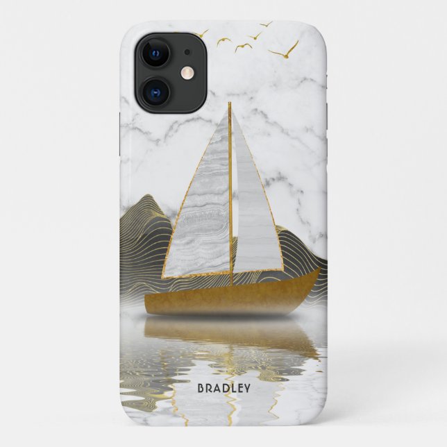 Coques Case-Mate iPhone Yacht Voilier Design Moderne Marbre Or Nom (Dos)