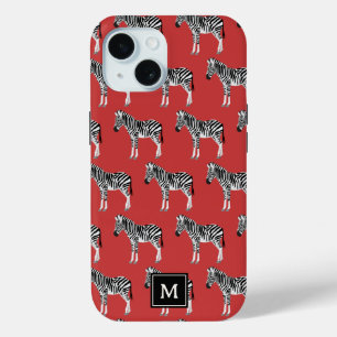 Coque Pour iPhone 15 Zebra Exotic Animal Motif Deep Red Monogram