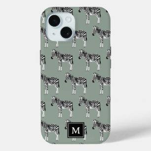 Coque Pour iPhone 15 Zebra Exotic Animal Motif Sage Green Monogramme