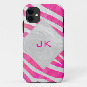 Coque iPhone 11 Zebra Hot rose et blanc avec Monogramme