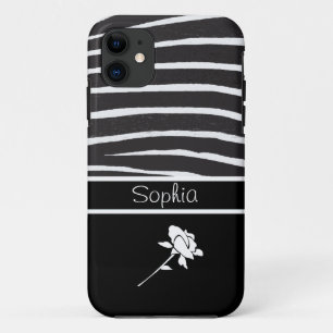 Coque Case-Mate Pour iPhone Zebra Patch+Rose blanche sur noir/Personnaliser