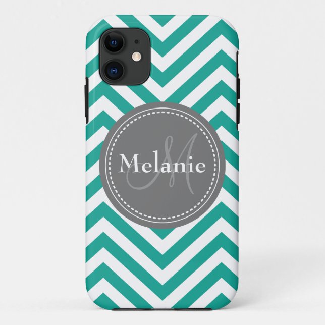 Coques Case-Mate iPhone Zigzag Turquoise monogramme bleu et gris (Dos)
