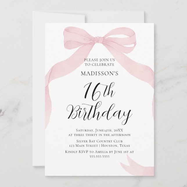 Coquete pink bow Birthday invitation (Devant)