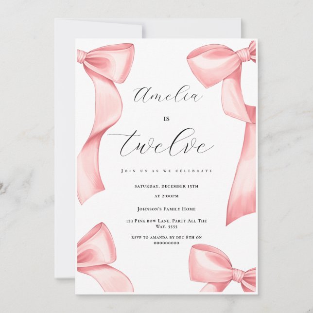 Coquette 12th Birthday Girl Pink Bow 13th 18th Invitation (Front)