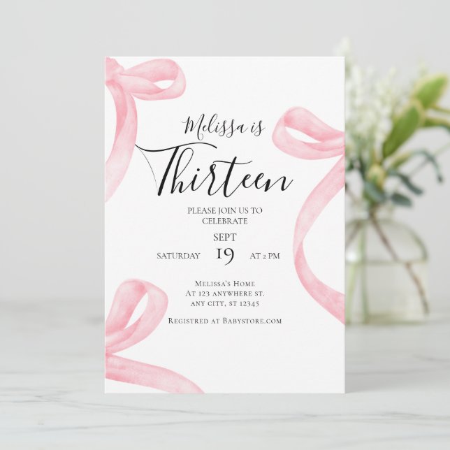 Coquette 13th Birthday Invitation Girl | Fancy Bow (Standing Front)