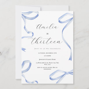 Coquette 13th Party Girl Blue Bow Elegant Ribbon Invitation