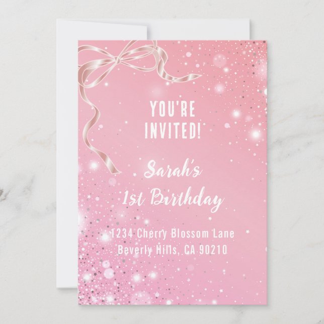 Coquette 1st Birthday Invitations Pink Bow  (Front)