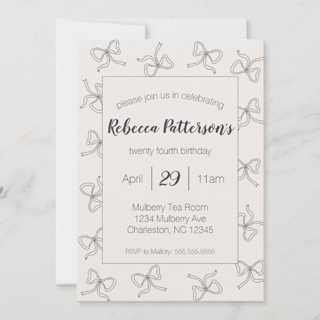 Coquette Aesthetic Black Bow Cute Feminine Party Invitation (Front)