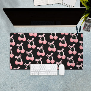 Coquette Aesthetic Bow Cherries Custom Monogram Desk Mat