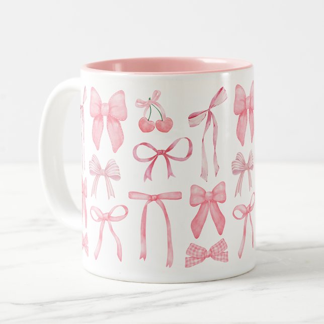 Coquette Aesthetic Cute Girly Feminine Pink Bow  Two-Tone Coffee Mug (Coquette mug, cute pink bows on coffee mug, girly trendy coquette aesthetic home decor gifts)
