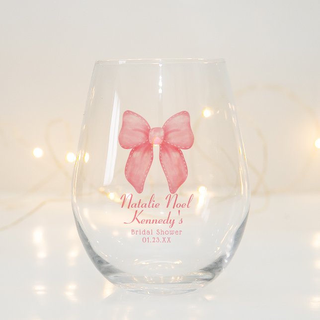 Coquette Aesthetic Cute Pink Bow Personalized Stemless Wine Glass (Creator Uploaded)