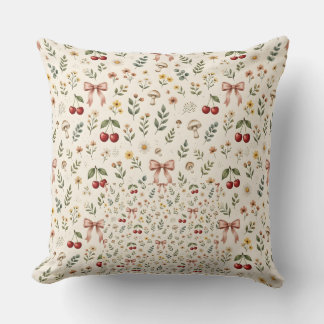 Coquette Aesthetic Red Cherry and Pink Ribbon Patt Throw Pillow