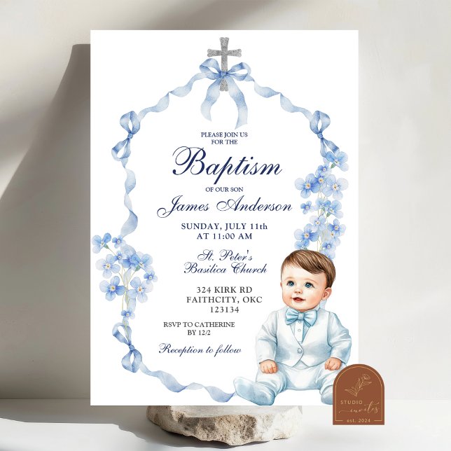 Coquette Baptême Bleu Fleur sauvage Invitation (Créateur téléchargé)