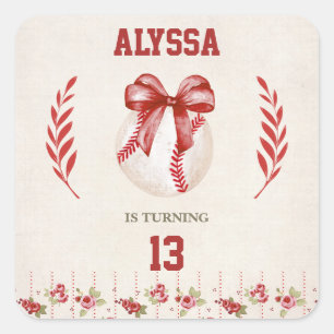 Coquette Baseball Red Bow Floral Vintage Birthday Square Sticker