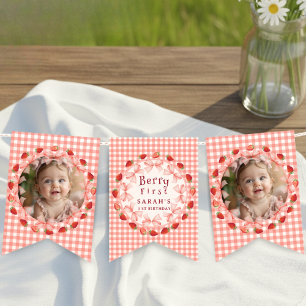 Coquette Berry First Birthday Red Gingham Photo Bunting Flags