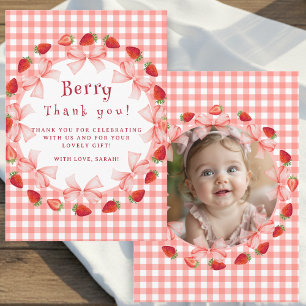 Coquette Berry First Birthday Red Gingham Photo Thank You Card