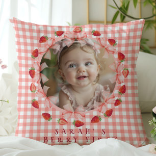 Coquette Berry First Birthday Red Gingham Photo  Throw Pillow