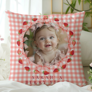 Coquette Berry First Birthday Red Gingham Photo  Throw Pillow