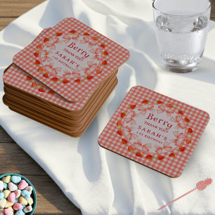 Coquette Berry First Birthday Red Gingham Square Paper Coaster