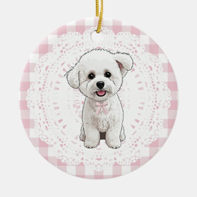 Coquette Bichon Frise Dog Pink Gingham Bows Ceramic Ornament (Front)