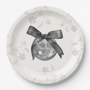 Coquette Black Bow & Disco Ball Elegant Birthday Paper Plate