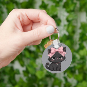 Coquette Black Cat Pink Bow Keychain