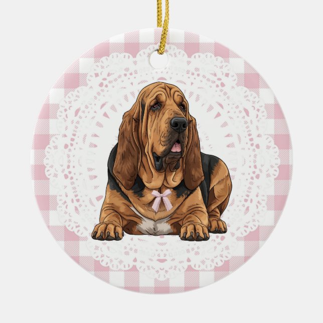 Coquette Bloodhound Dog Pink Gingham Bows Ceramic Ornament (Front)