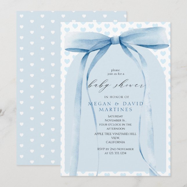  Coquette Blue Bow Boy Baby Shower Invitation (Front/Back)