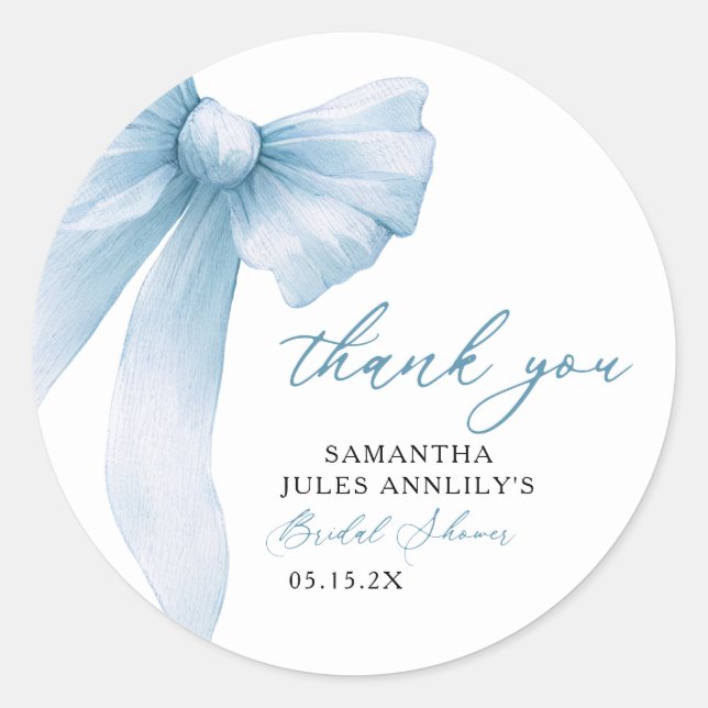 Coquette Blue Bow Bridal Shower Classic Round Sticker (Front)