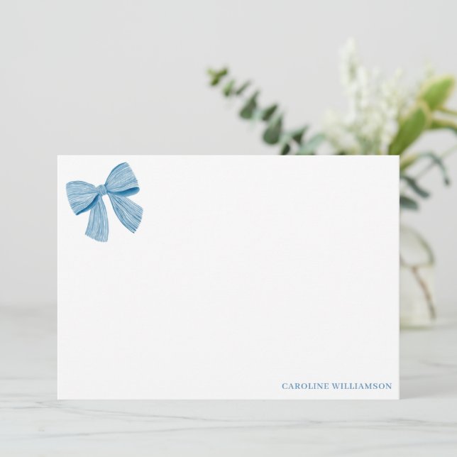 Coquette Blue Bow Personalized Name Stationery Thank You Card (Standing Front)