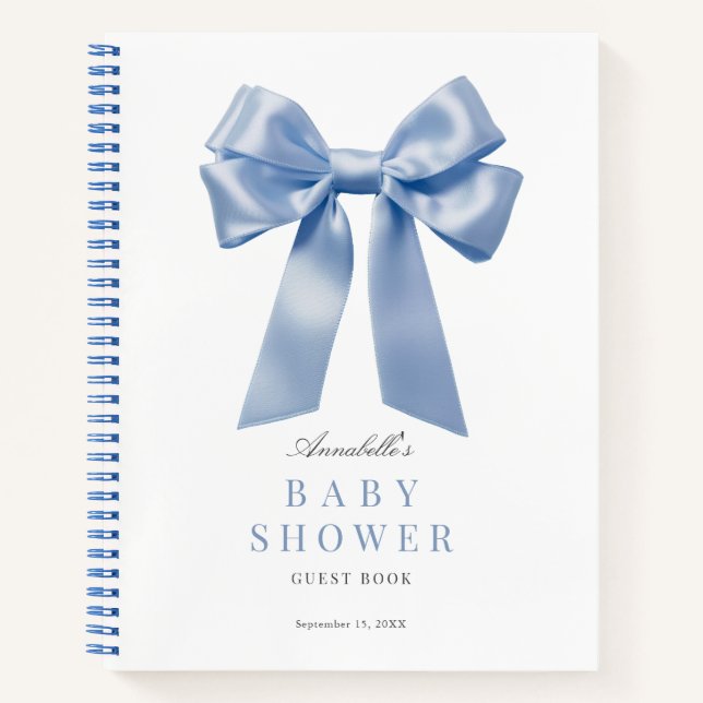 Coquette Blue Bow Ribbon Baby Shower Guest Book (Front)