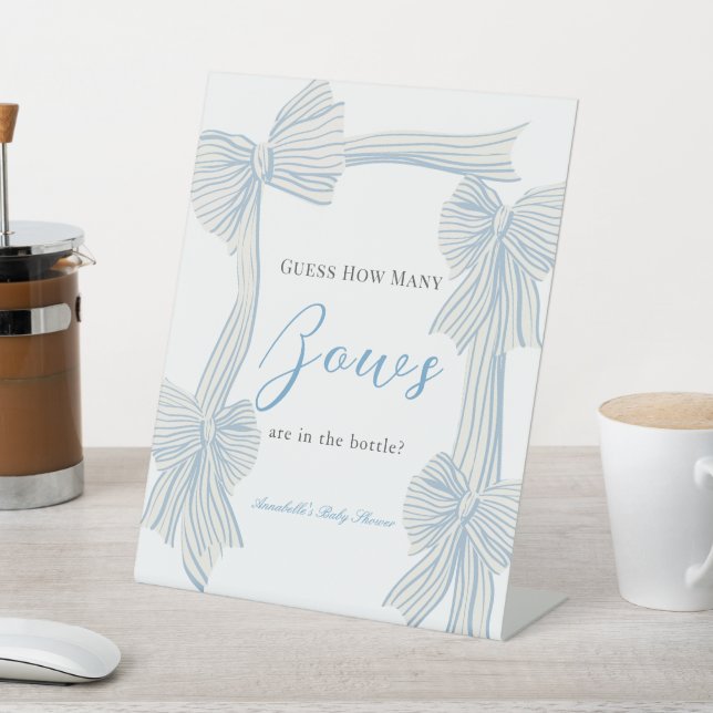 Coquette Blue Bow/Ribbon Baby Shower How Many Bows Pedestal Sign (In SItu)