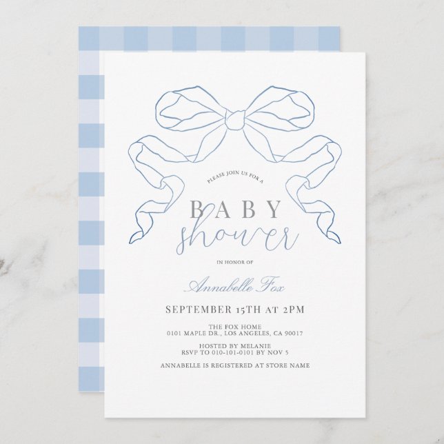 Coquette Blue Bow/Ribbon Boy Baby Shower Invitation (Front/Back)