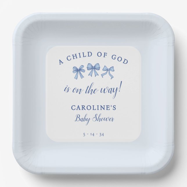 Coquette Blue Bows Christian Child of God Boy Paper Plate (Front)