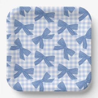 Coquette blue gingham and bows paper plate