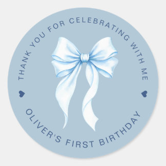Coquette Blue Ribbon Bow Boy First Birthday Classic Round Sticker