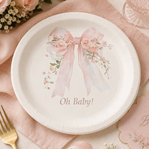 Coquette Blush Bow "Oh Baby" Baby Shower Paper Plate