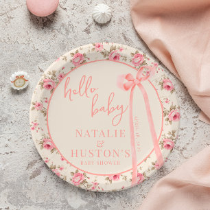 Coquette Blush Pink Bow Floral Baby Shower Custom Paper Plate
