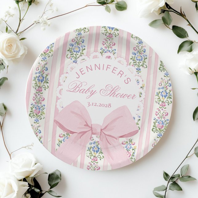 Coquette Blush Pink Bow Rose Baby Shower Paper Plate (Creator Uploaded)
