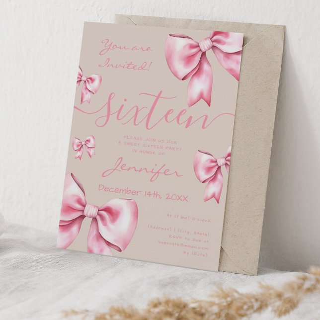 Coquette Blush Pink Bow Sweet 16 Party Champagne Invitation (Coquette Blush Pink Bow Sweet 16 Party Champagne Invitation)