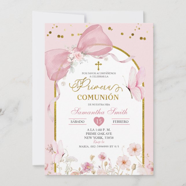 Coquette Blush Pink Butterfly Primera Communion Invitation (Front)