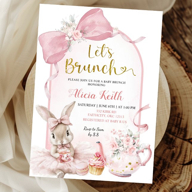 Coquette Blush Pink Floral Bow Bunny Baby Brunch Invitation (Creator Uploaded)