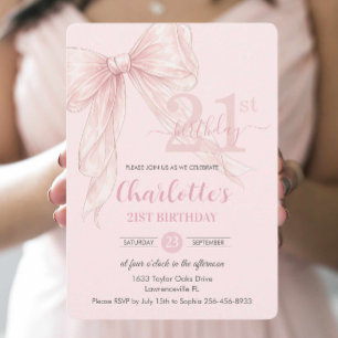 Coquette Blush Pink Ribbon Bow 21st Birthday Invitation