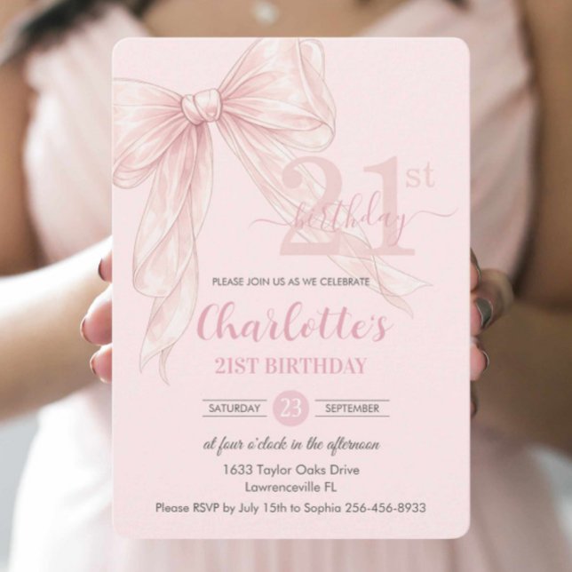 Coquette Blush Pink Ribbon Bow 21st Birthday Invitation (Creator Uploaded)