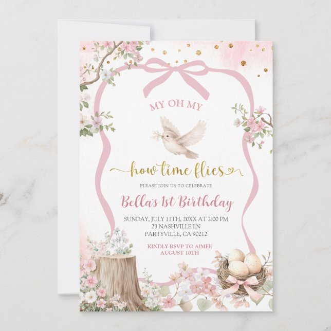 coquette blush pink Spring bird birthday  Invitation (Front)