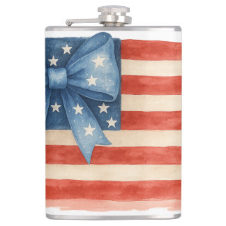 Coquette Bow American Flag Watercolor 4th of July Hip Flask