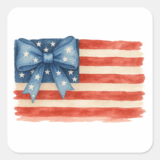 Coquette Bow American Flag Watercolor 4th of July Square Sticker
