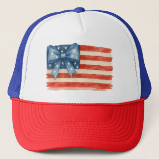 Coquette Bow American Flag Watercolor 4th of July Trucker Hat